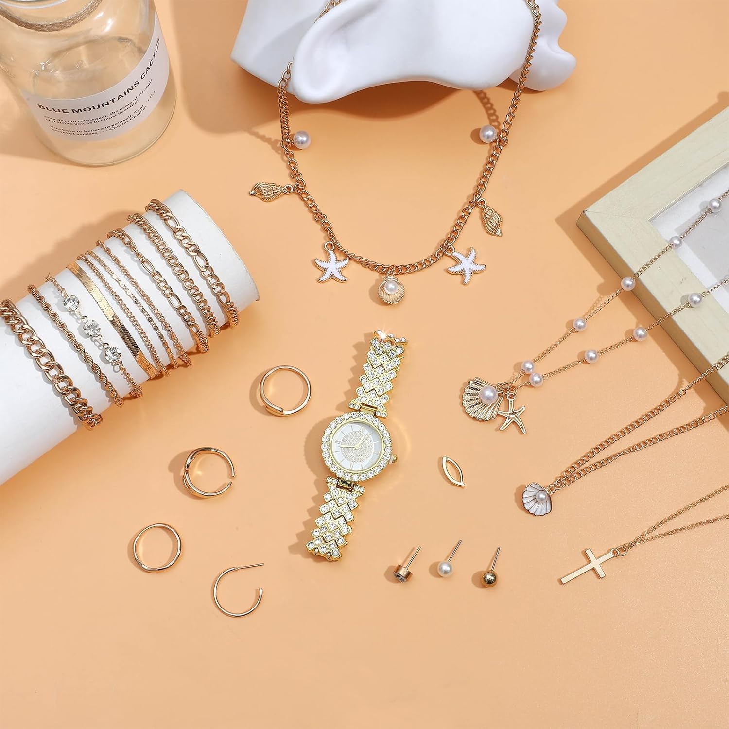 NEWITIN 69 Pieces Gold Jewelry Set for Women Jewelry Case with Gold Plated Necklace Bracelet Watch Ring Belly Button Rings Earrings Set for Women Travel Jewels Case - Image 3