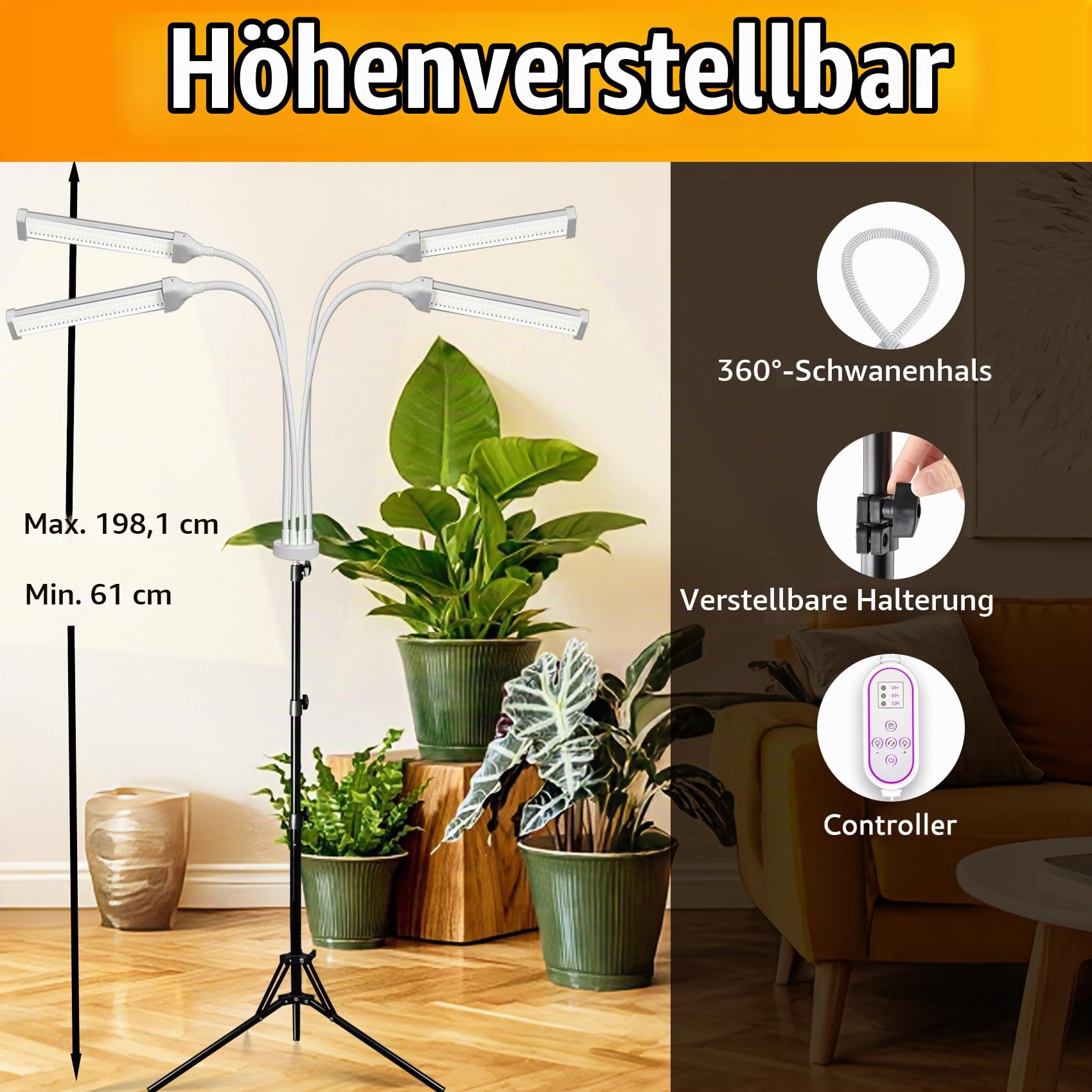 Pflanzenlampen LED Vollspektrum mit Ständer – 4 Köpfe 420 LEDs (5x mehr), 660nm Rotlicht für Blüte & Frucht, Timer & Dimmer, höhenverstellbares Aluminium – Pflanzen LED Wachstumslampe (4 Köpfe)