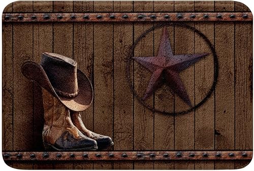 Western Decor - Alfombra de baño de poliéster para niños y niños, botas vaqueras, sombrero de forro polar suave, alfombra vintage marrón con
