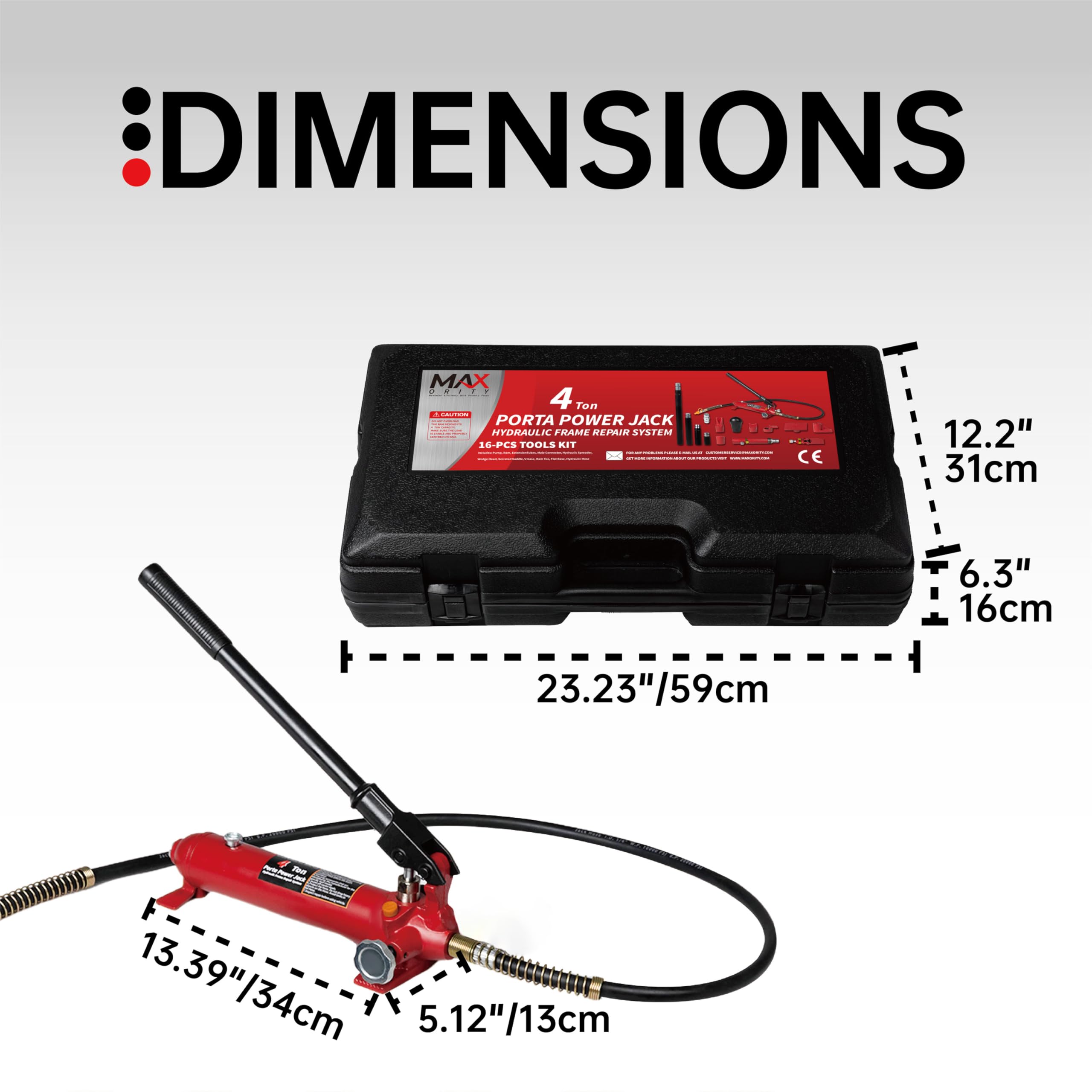 4 Ton (8800 lbs Capacity) Porta Power Jack Hydraulic Ram Auto Body Frame Collision Repair Kit Set, 16-Pcs, with Blow Mold Carrying Case for Cars, Trucks, SUVs & More