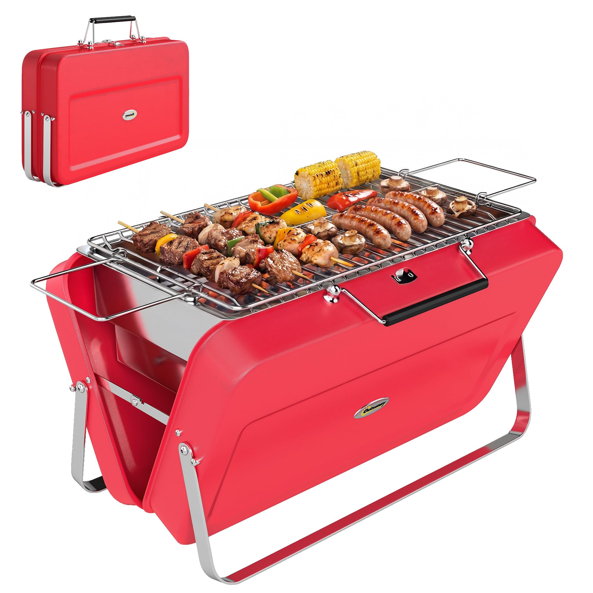Outsunny Portable Mini Charcoal Barbecue Grill with Suitcase Shell, Outdoor Folding Tabletop BBQ Grill for Garden Camping Picnic Party, Red