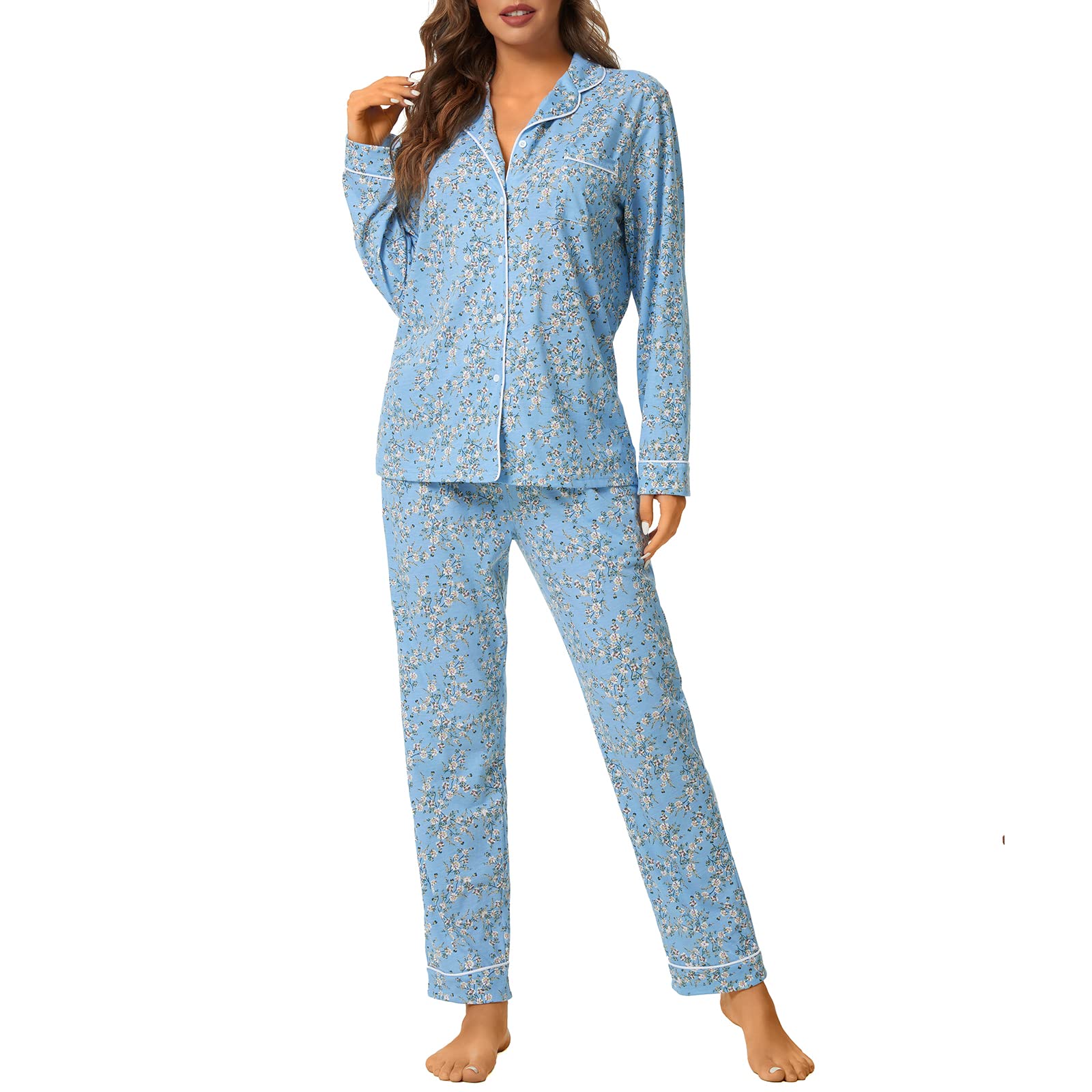 Tugege Pajamas Set Long Sleeve Sleepwear Womens Button Down Nightwear Pj Sets