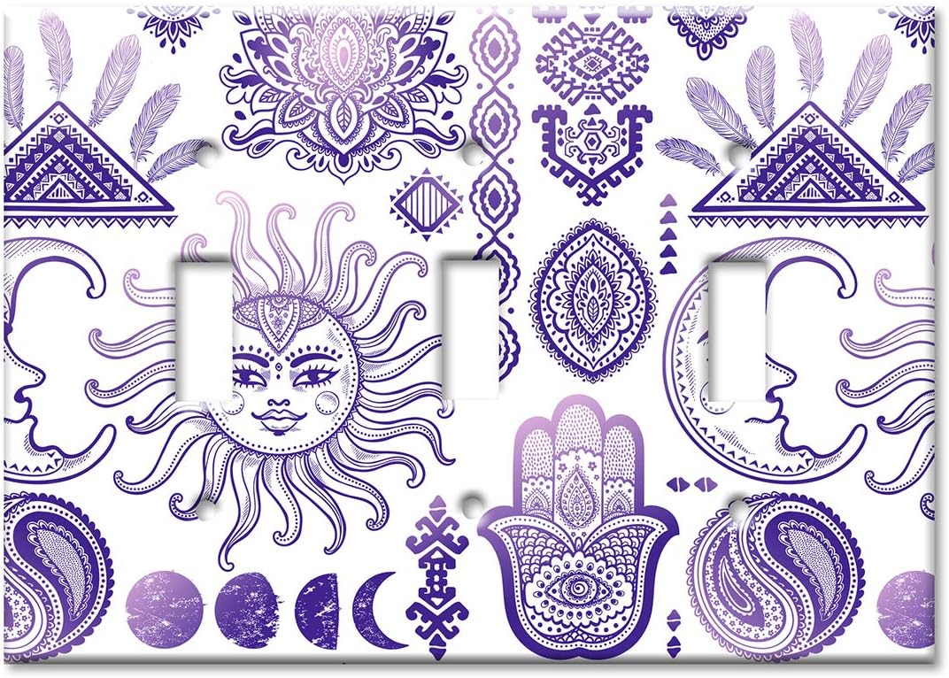 Art Plates 3 Gang Toggle Decorative Metal Wall Plate - Purple Sun and Moon Toss - (Made in USA)
