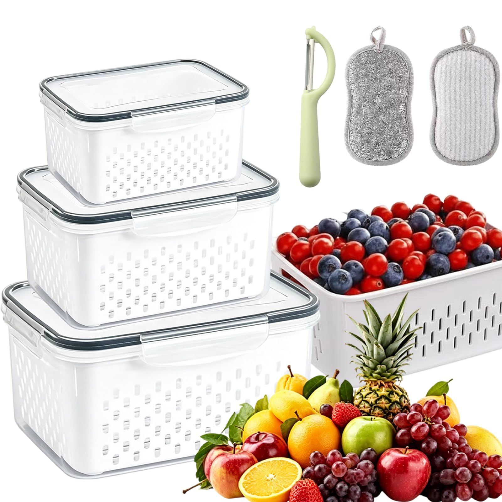 Jmwub Fruit Storage Containers for Fridge with Removable Colander, 4-in-1 Food Storage Containers, Stackable Refrigerator Organizer for Fruit Vegetables Meat, Keeping Food Fresh Longer (Grey,L)