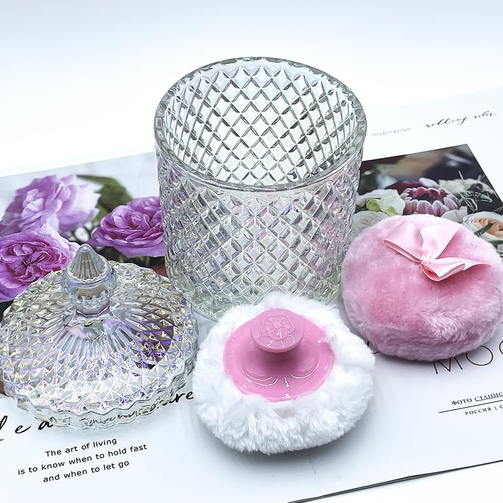 Luxury 4.2 Inch Glass Powder Container with 2 Plush Puffs|Non-Sealed Organizer for Body Powder&Makeup|Setting Powder Applicator w/Loose Powder Storage(Pointed Cylinder-Dazzling Colors-Large) - Image 3