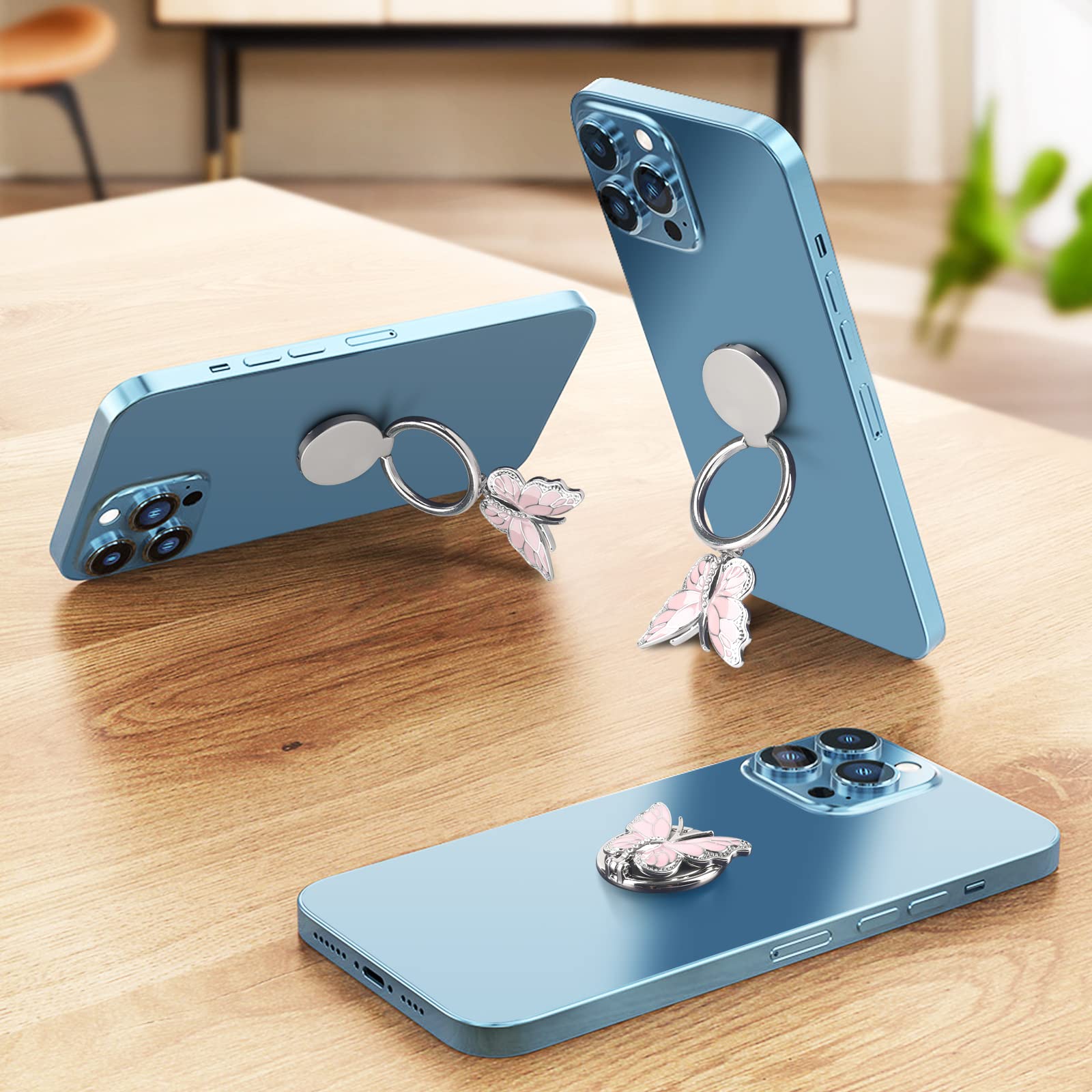 Soporte de anillo para teléfono, soporte de dedo de metal brillante, bonito soporte de anillo de mariposa para teléfono celular, rotación de 360°, agarre ajustable para teléfono, compatible con