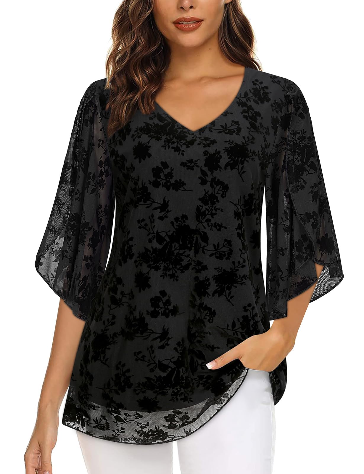 Viracy Womens Overlap Ruffle Sleeve V Neck Mesh Blouse Elastic Loose Flowy Tunic Tops
