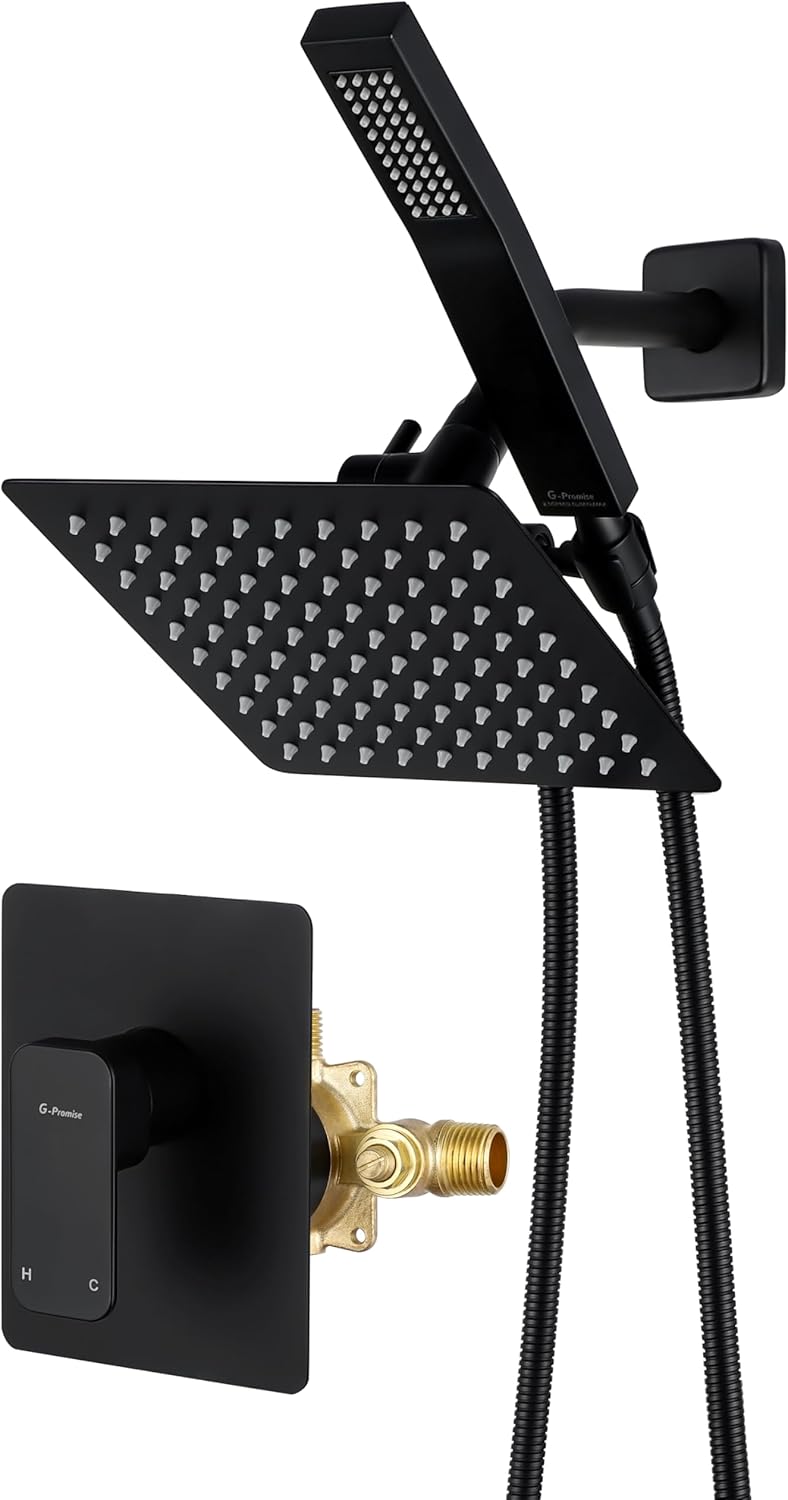 All Metal Shower Faucet Set, Dual Square Shower Head System with Handheld Wand, Diverter, Hose Complete Combo, Pressure Balance Rough-in Valve Included (Matte Black)