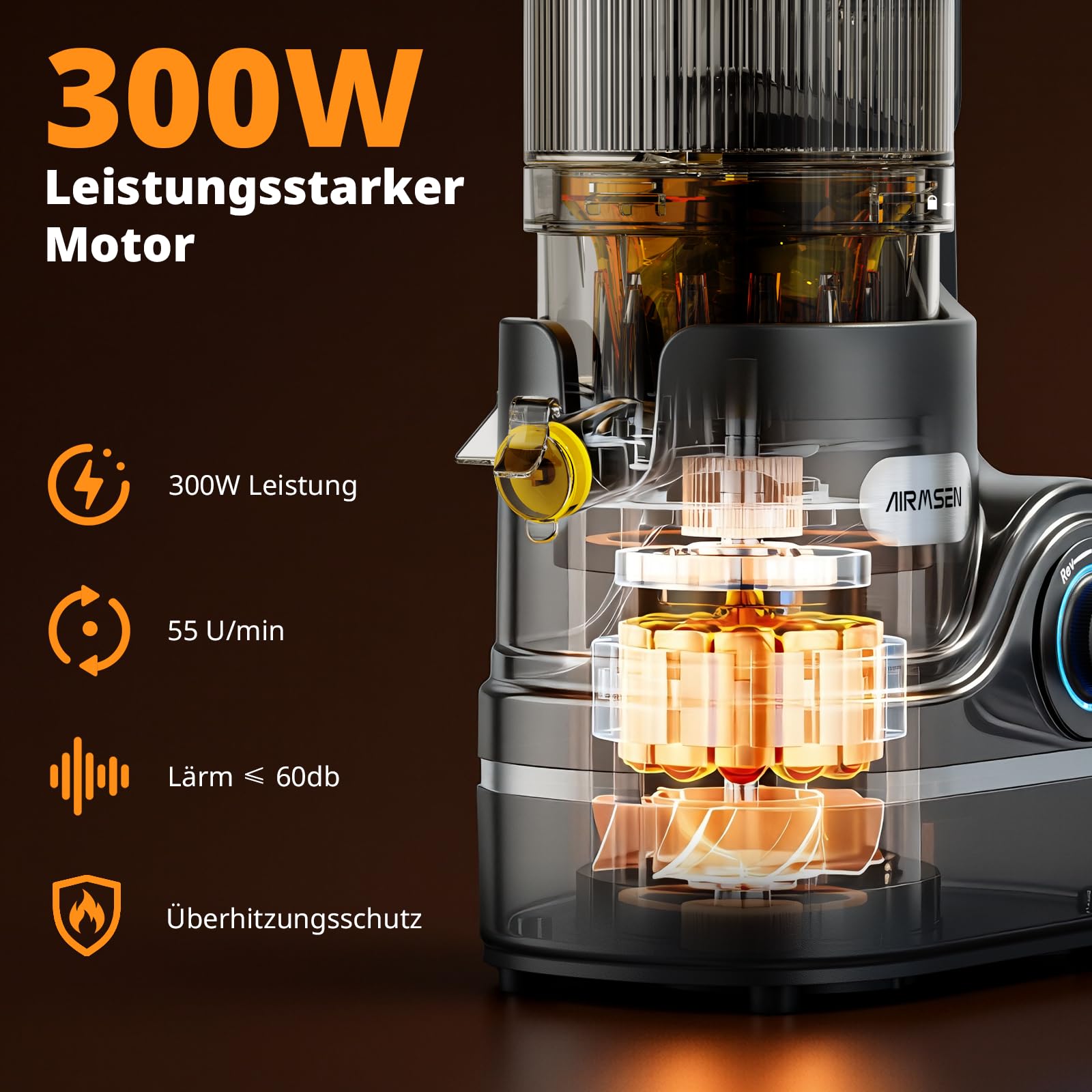 AIRMSEN Entsafter Slow Juicer mit 147mm Extra Großem Einfüllschacht, 2,1L Kapazität, 300W Motor, 7+1 Stufen Verbesserte Slow-Spirale, Hohe Saftausbeute für Ganze Früchte und Gemüse