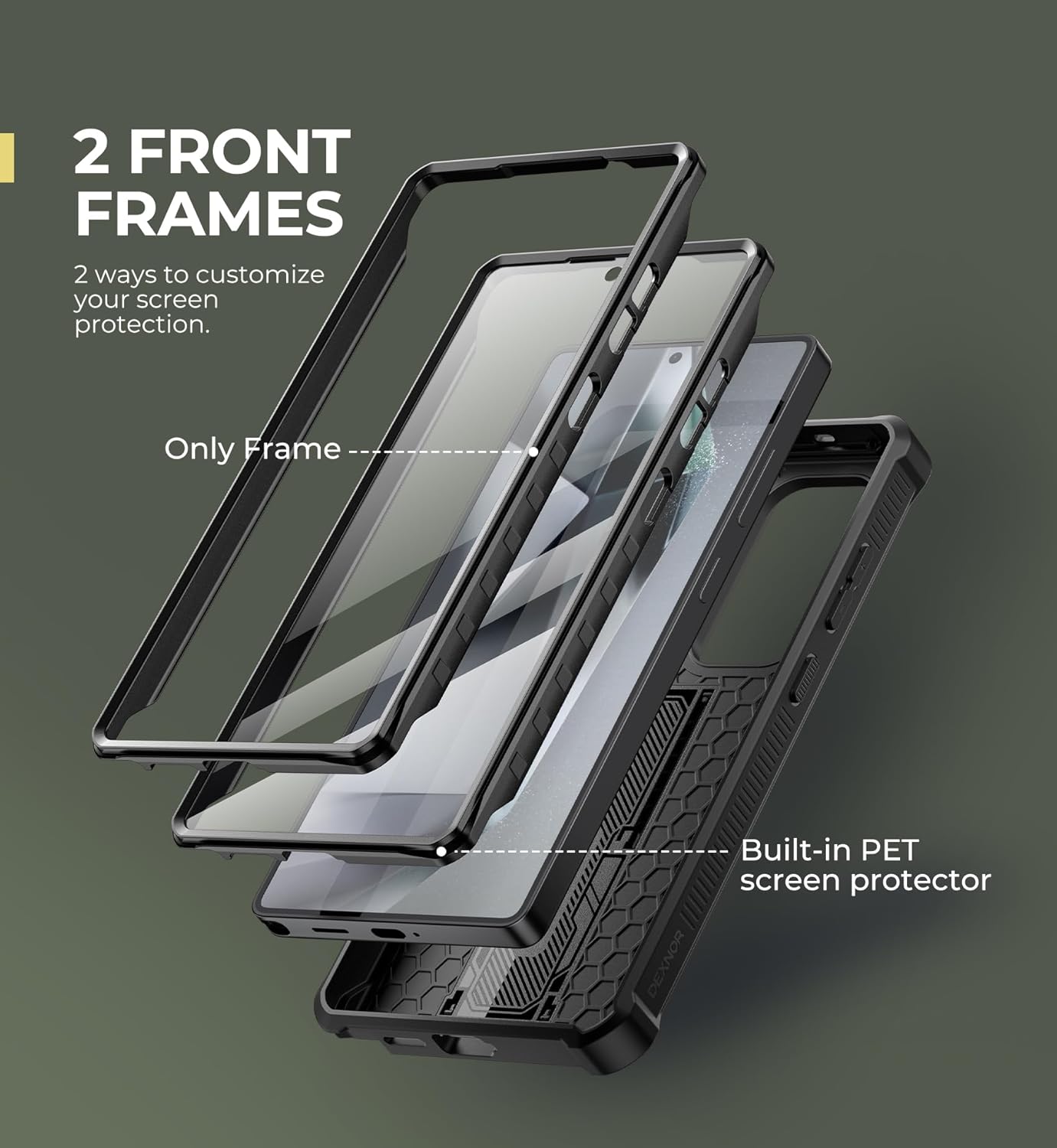 Diagram showing two interchangeable front frames for the case: one with a built-in screen protector and one without.