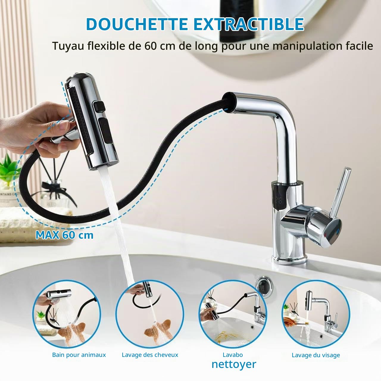 Robinet Salle de Bain Mitigeur Lavabo écran LED Temp, Douchette