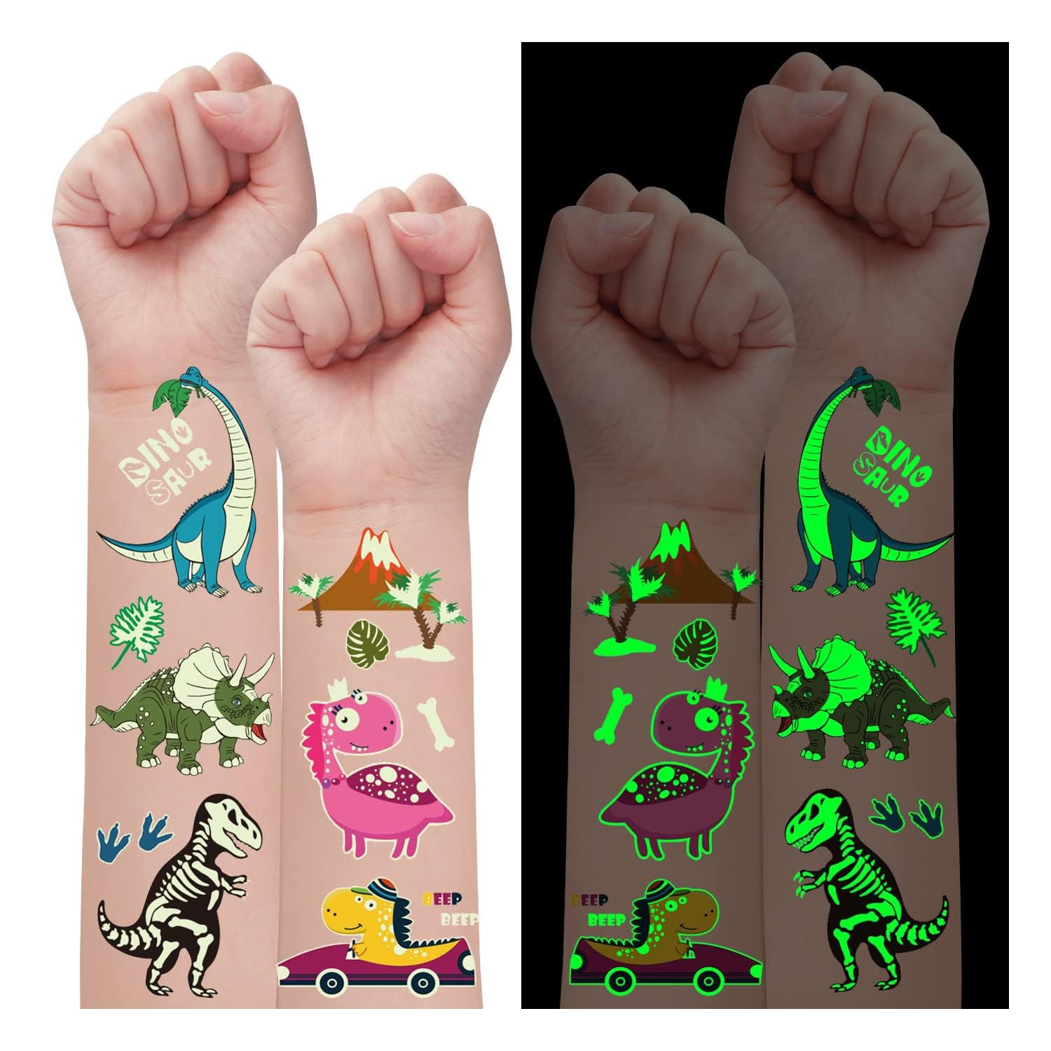 Luminous Dinosaur Decorations for Birthday Party, 10 Sheets Glow Temporary Tattoos for Kids, Party Favors Supplies Games for Boys and Girls, Dinosaur
