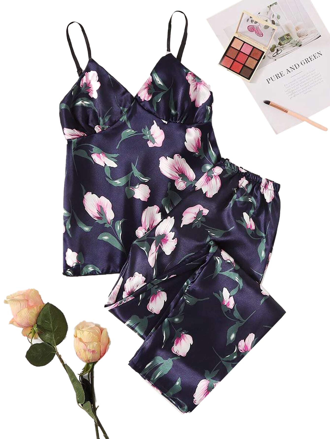 Women's 2 Pieces Floral Satin Pajama Set Sleeveless Strap Cami Long Pants