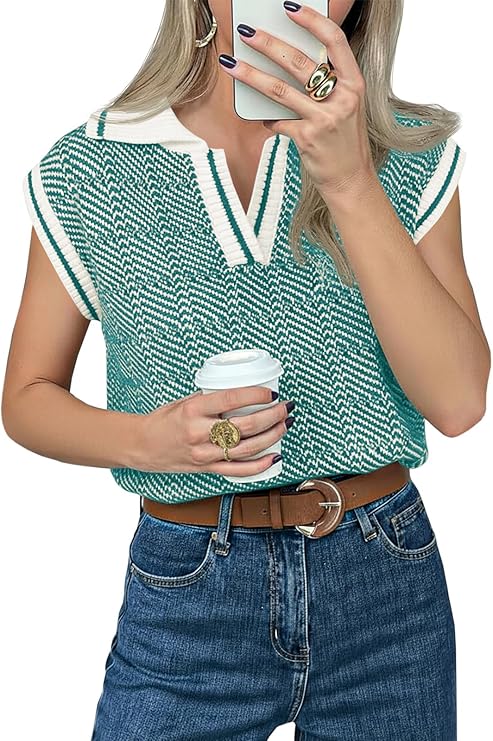 Saodimallsu Womens Short Sleeve Sweater Tops V Neck Polo Shirts Summer Casual Loose Knit Color Block Sweater Vest