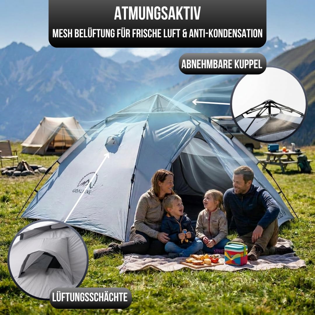GOALPINE® Atlas IV Wurfzelt Pop-up Zelt für 2-4 große Personen, 100% Wasserdicht, in 40 Sekunden aufgetellt, 3 in 1 für Camping, Festival & Strand, Innen Leicht Verdunkelt