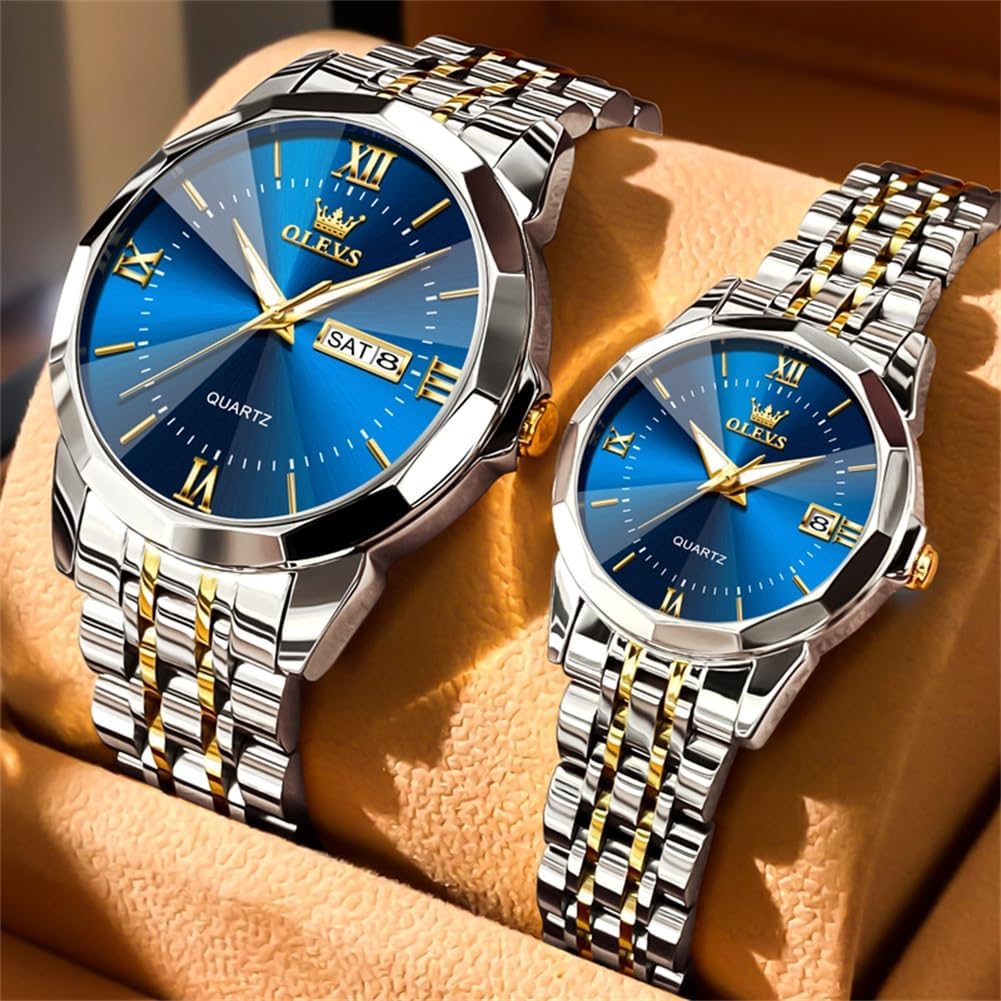 OLEVS Watches for Couple Luxury Fashion His and Hers Stainless Steel Calendar Date 3ATM Waterproof Luminous Wrist Watch for Men Women Lovers Wedding Dating Romantic Gift Set of 2 - Image 4