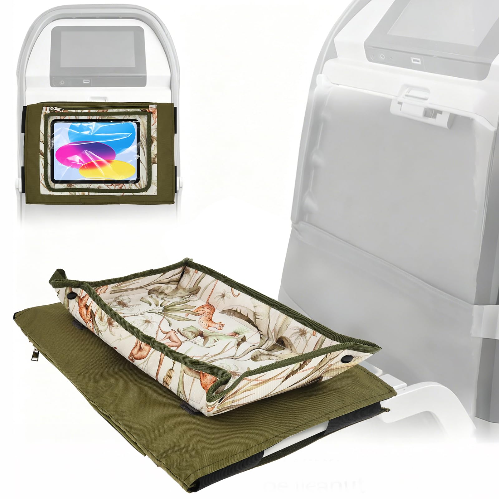 Kids Airplane Tray Table Cover with Tablet Holder | Toddler Travel Essential Activity Lap Tray for Flying, Train & Car Trips | Fabric Pockets & Waterproof Surface, Mess-Free Activity Organiser(Gibbon)
