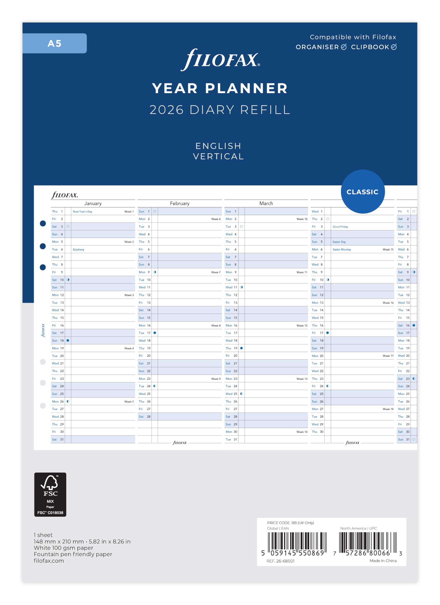 Filofax A5 Vertical Year Planner 2026