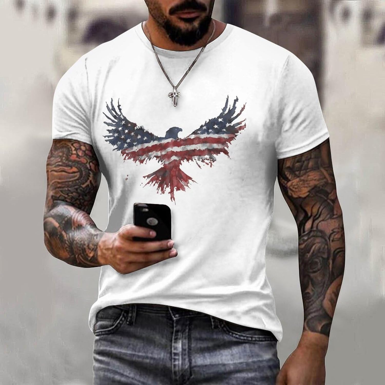 Shirt for Men American Flag Print Crewneck Short Sleeve Casual Stylish Summer Shirts Graphic Skull T-Shirt Tops