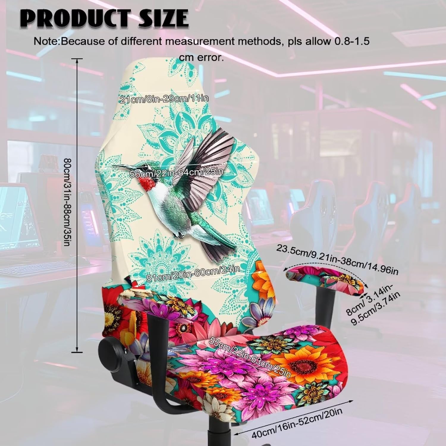 Hummingbird Bohemian Flower Print Gaming Chair Covers with Armrest Covers Non-Slip Computer Chair Slipcovers Washable Elastic Swivel Armchair Protector Home Docor