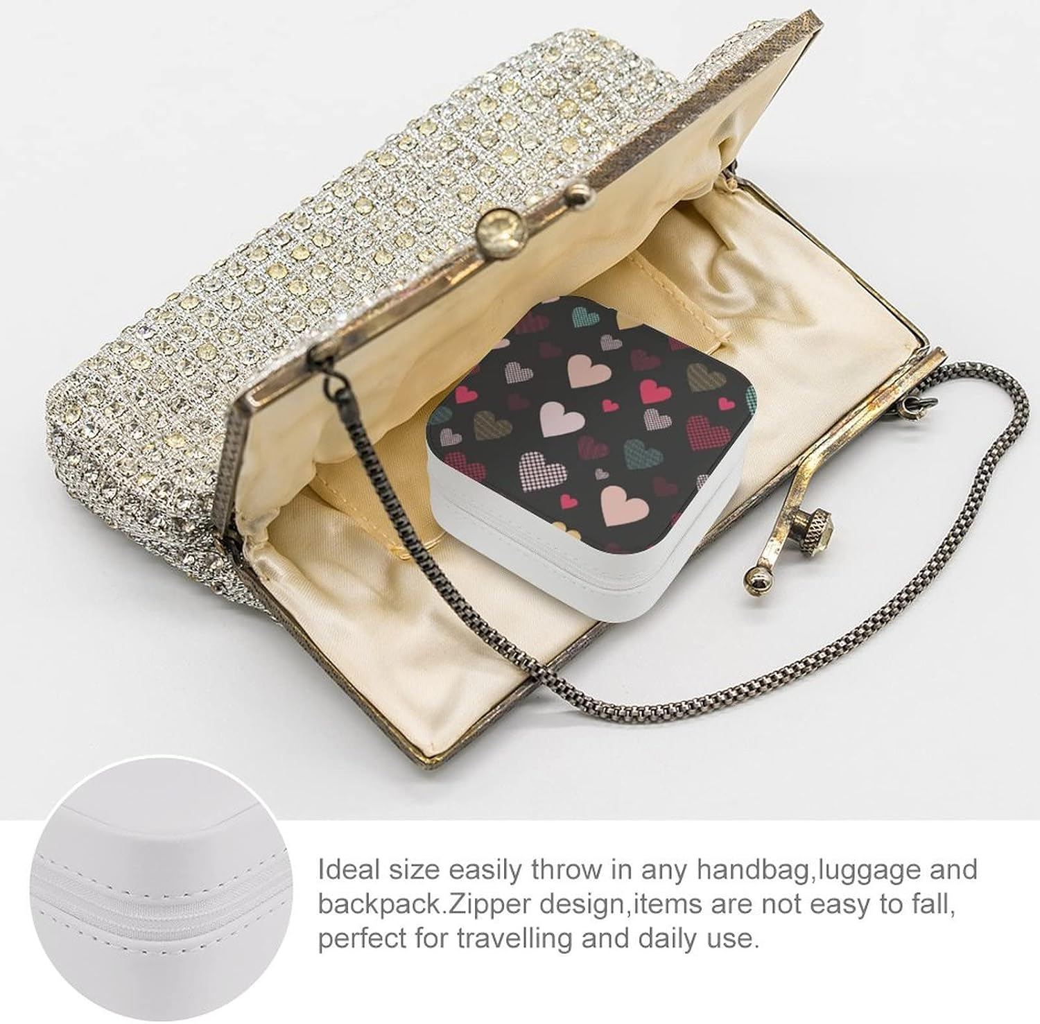 Small Jewelry Box, Travel Small Organizer Portable Display Storage Case for Rings Earrings Necklace, Gifts for Girls Women, Colorful Heart Pattern Black Background image 3