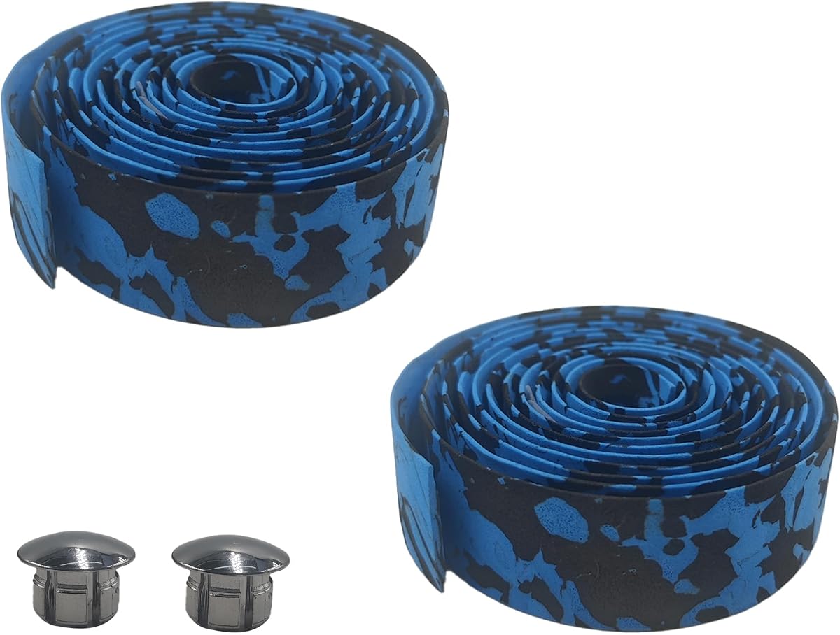 2 Rolls Camouflage EVA Road Bike Handlebar Tape with Bar Plugs, Comfortable Grip Cycling Handle Wraps for Road, Mountain, BMX Bikes(Black & Blue)