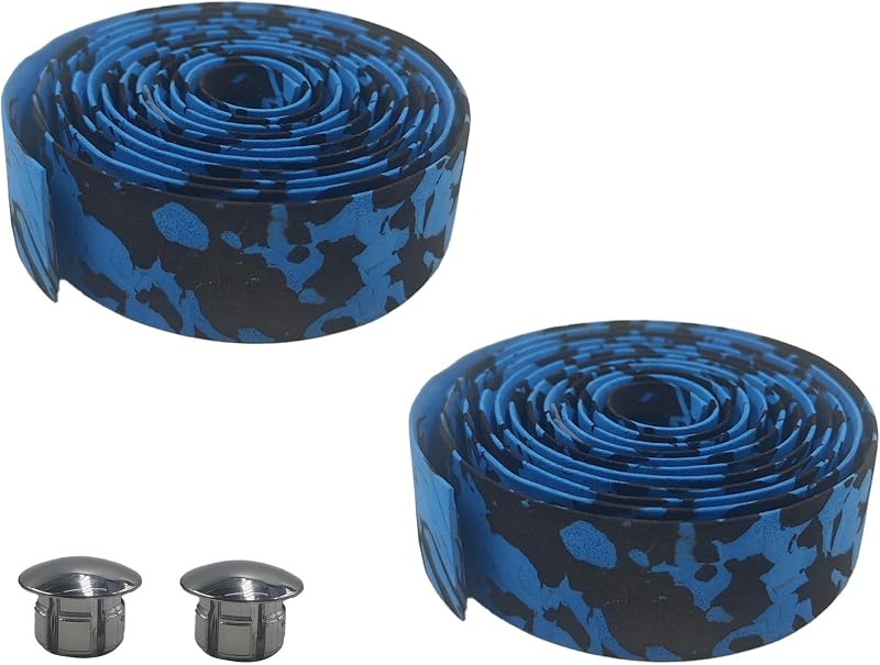 2 Rolls Camouflage EVA Road Bike Handlebar Tape with Bar Plugs, Comfortable Grip Cycling Handle Wraps for Road, Mountain, BMX Bikes(Black & Blue)