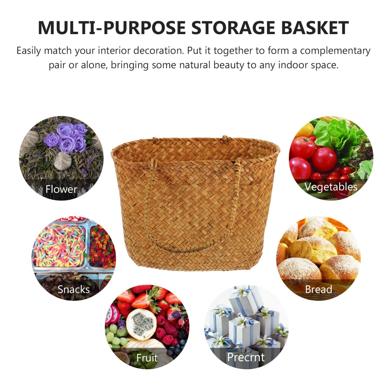 Panier d'épicerie en rotin, sac de plage, panier de fruits tissé, panier de pique-nique avec poignées, panier d'aquarium, panier de rangement, sac de rangement manuel avec paille