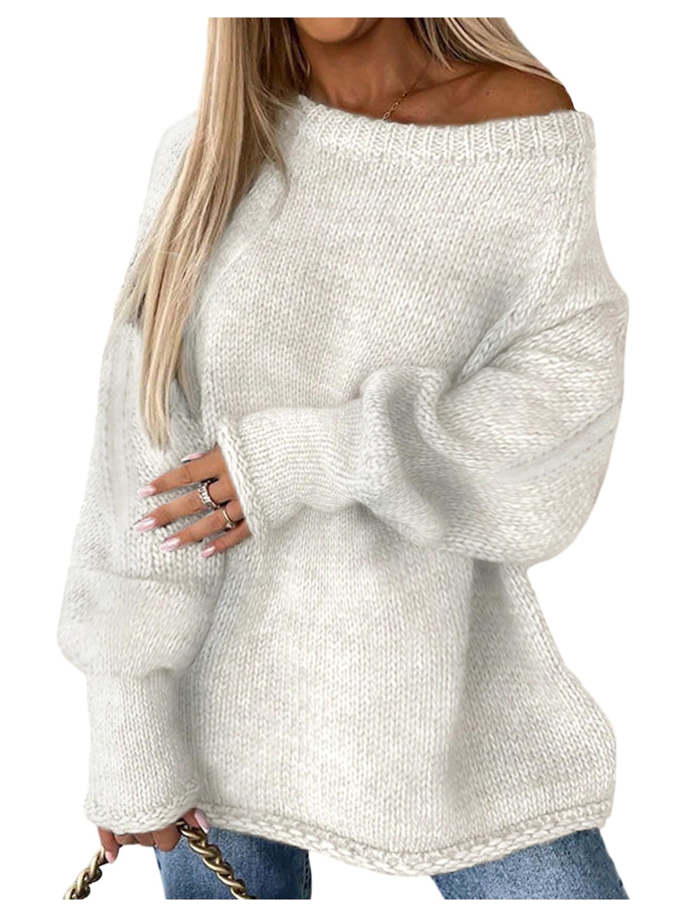 Womens Off The Shoulder Sweaters Lantern Sleeve Loose Fit Pullover Jumper