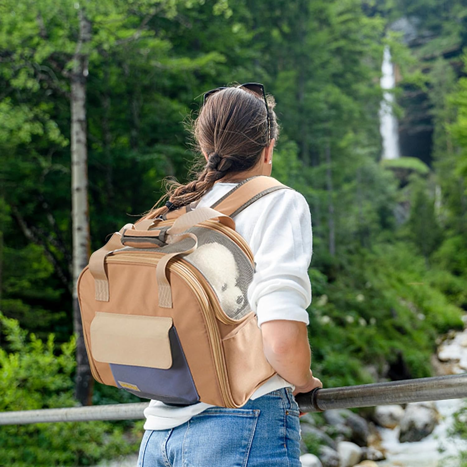 Dog Backpack, Ventilated Safe Design, Multiple Pockets, Breathable Mesh Pet Backpack for Hiking, Travel, Outdoor, Cat Backpack with Padded Back Support(Khaki)