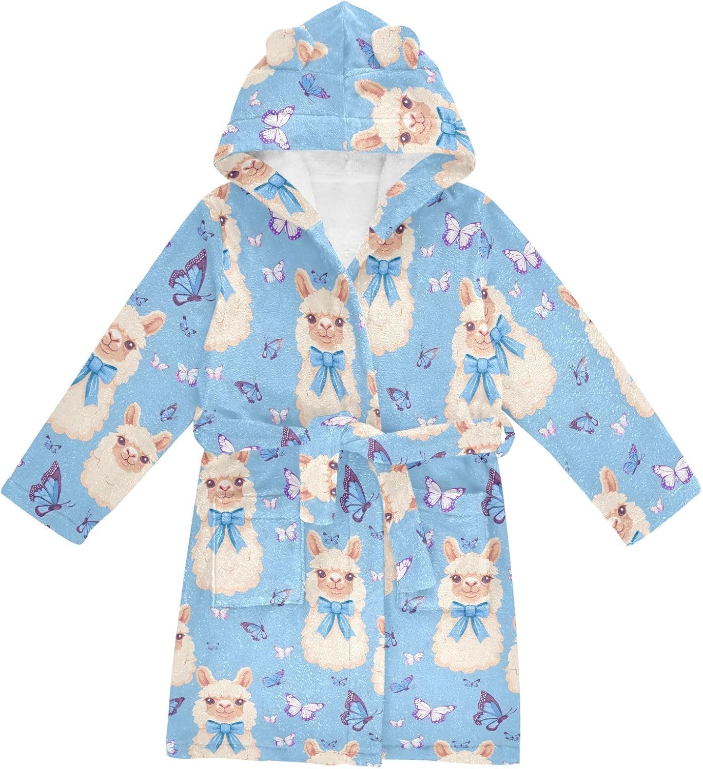 senya Alpaca with Blue Butterflies Toddler Hooded Bathrobe Kids Soft Plush Bath Towel Robes for Boys Girls 2-12 Years