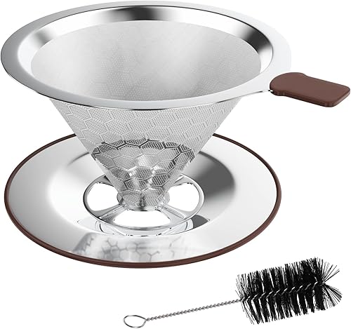 Gotero de acero inoxidable para verter sobre café, filtros de café reutilizables sin papel con malla de doble capa, soporte para tazas y cepillo de