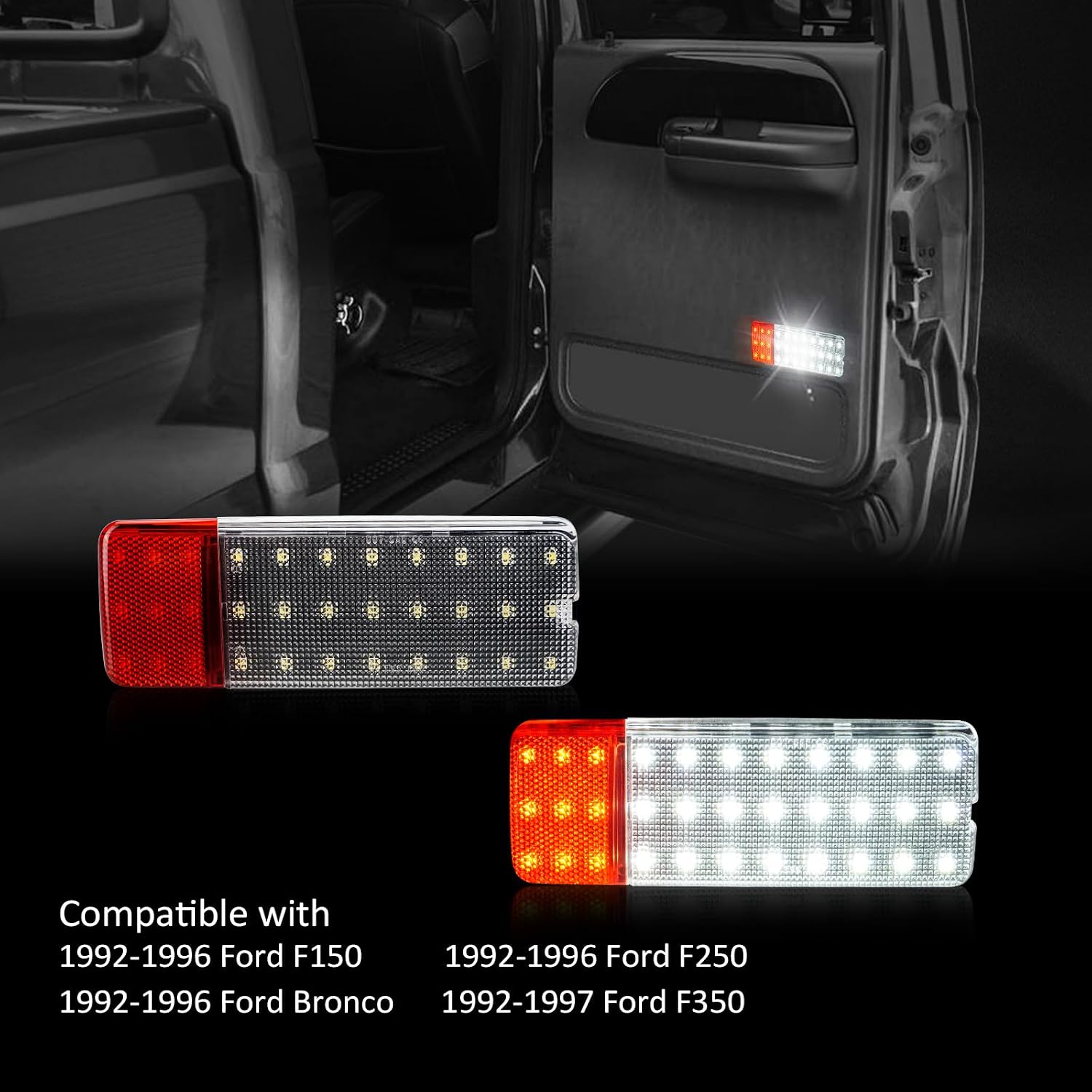 KDM LED Interior Door Panel Courtesy Light Assembly Fit for 1992-1996 Ford F150 F250 Bronco,1992-1997 F350,6000White with Red Door Warning Footwell Lamp,2Pack