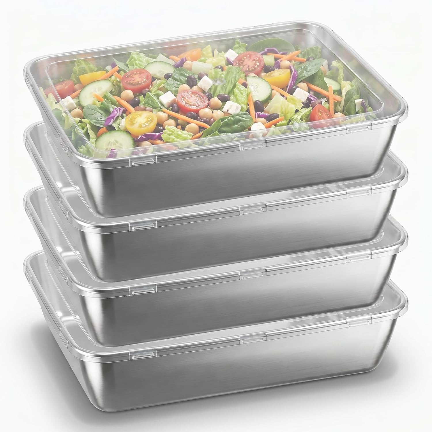 4 Pcs (68oz) Stainless Steel Food Container with Clear Lid, Stackable