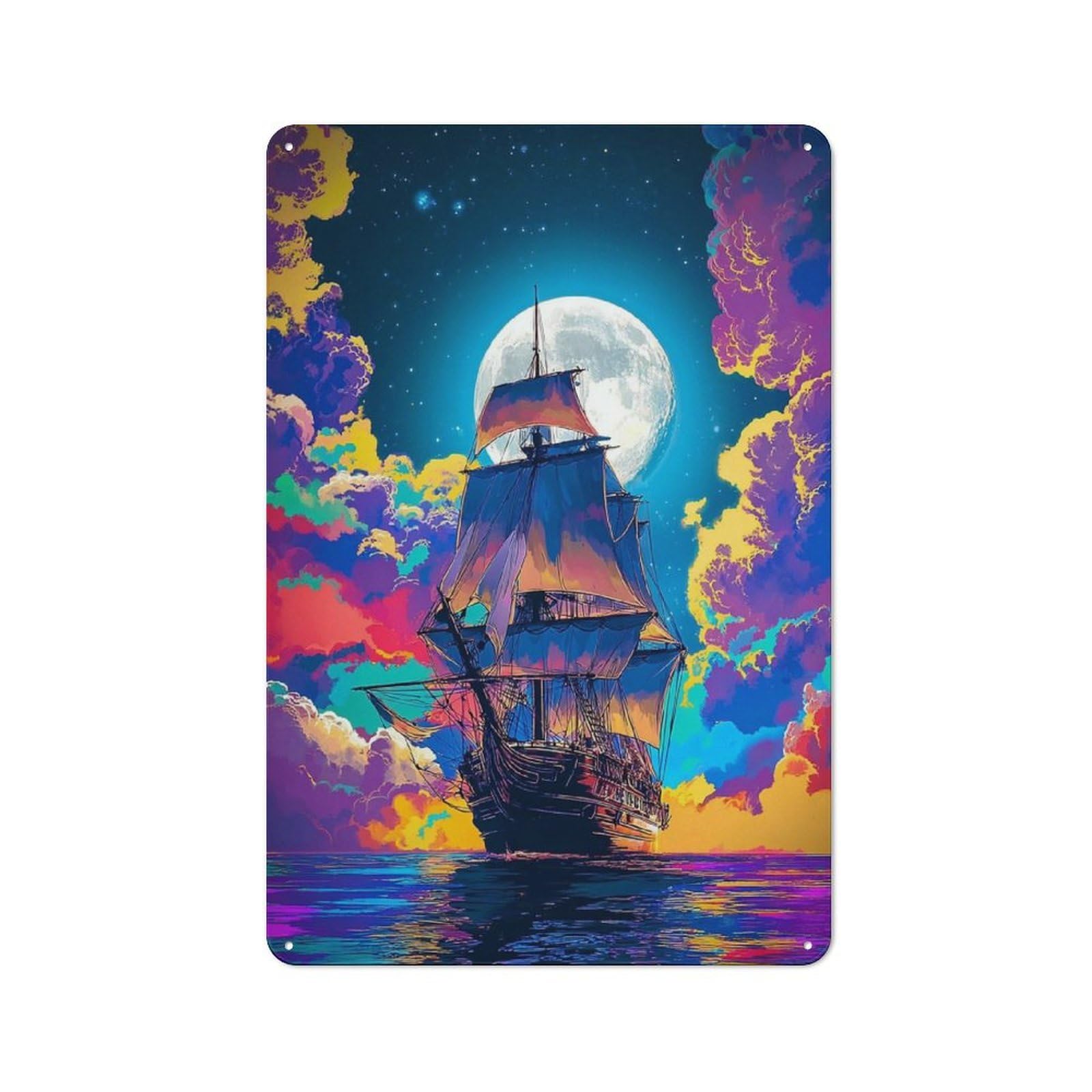 Junmoney Full Moon Sailboat Fantasy Classic Metal Plaque 30X20cm Featuring Bistro Wall Plaque For Kitchen, Cafe, Pantry Or Dining Room