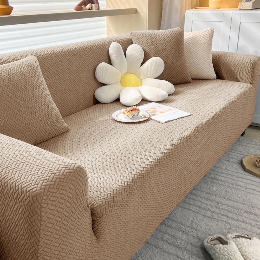 Housse canapé jacquard extensible pour un salon élégant protégé des griffes de chat