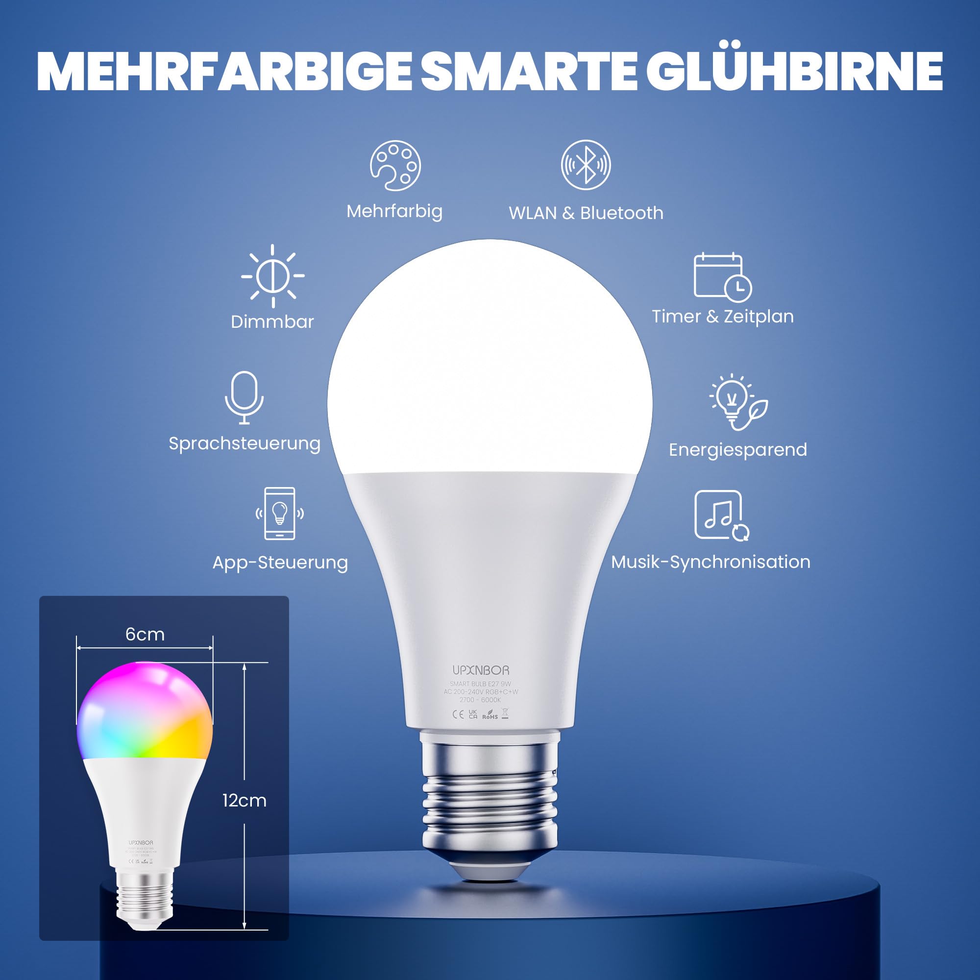 Lampadina Smart E27 LED RGBWW WiFi, 9W, 1 Pezzo | Compatibile con Alexa e Google Assistant, 16 milioni di colori, dimmerabile 1–100 %, 850 lm, WiFi 2,4 GHz, per casa