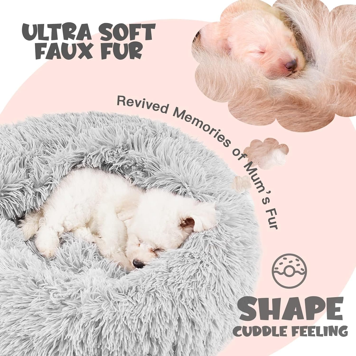 Himax Small Cat & Dog Bed with Cover, Calming Dog Bed for Small Dogs,Anti-Anxiety Donut Dog Bed with Attached Blanket,Washable Round Fluffy Pet Bed (20"/26"/35")，Light Grey