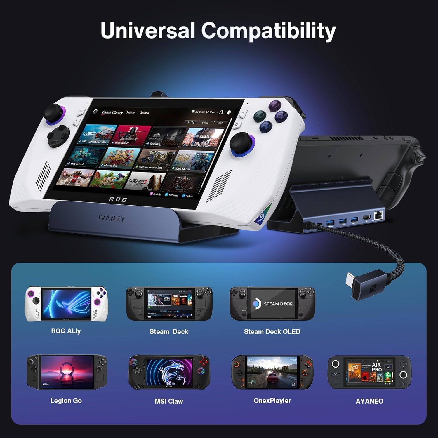 iVANKY 4K@144Hz Steam Deck Dock, 8-in-1 Docking Station for ASUS ROG Ally X/Legion Go/MSI Claw, ROG Alloy/Valve Stream Deck OLED Hub, HDMI 2.1, 1Gbps Ethernet, 3*USB-A 3.0, with 65W Power Adapter