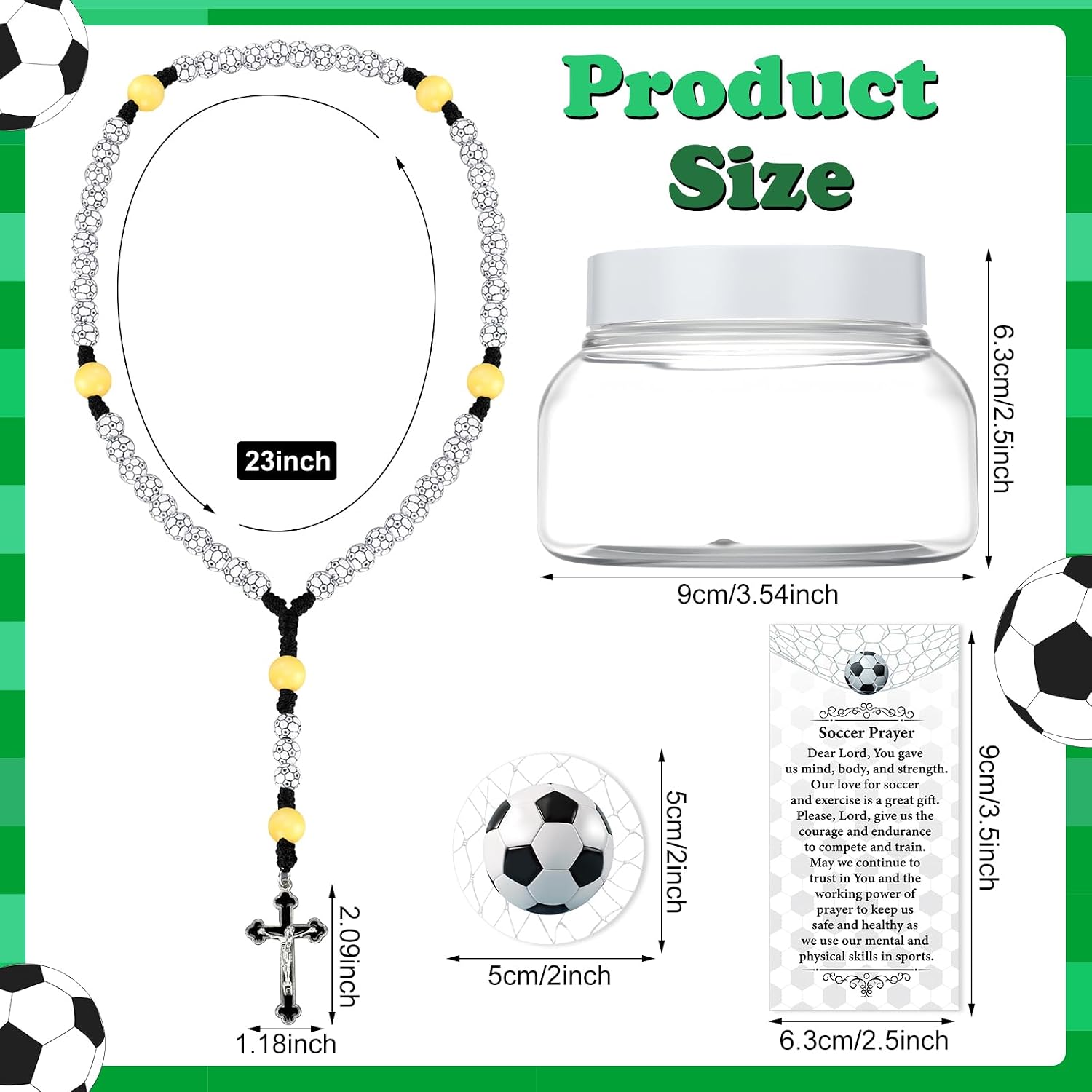 Tondiamo Soccer Rosary Necklace First Communion Gift Set 20 Inch Sports Catholic Cross Prayer Beads with Protective Jar Case Soccer Prayer Card for Fans, Athletes & Faithful Devotion