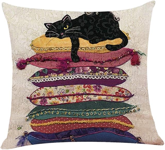 Harpily Cute Pillow Case Bookshelf Sleeping Cat Decorative Linen Blend Square Cushion Cover for Sofa Living Room Bookstore 45 X 45Cm (E)