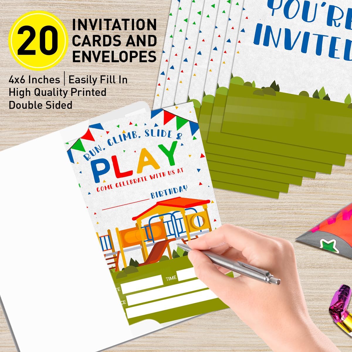 Birthday Invitations for Boy Kids Park with Envelopes, Invites for Birthday Party Playground, Outdoor Birthday Party Invite Cards, Run Climb Slide & Play, 4"x6" Set of 20