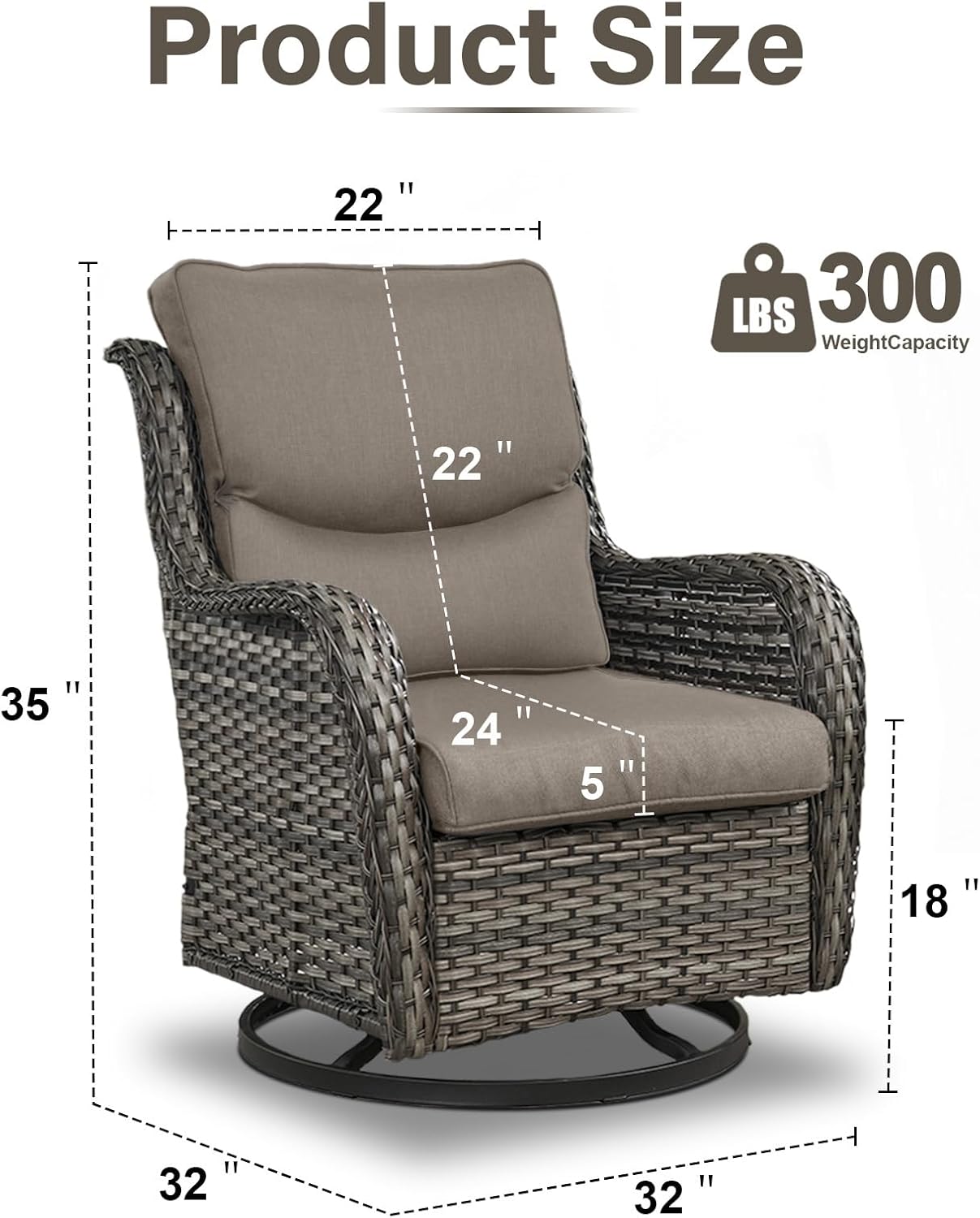 Swivel Patio Chairs Set of 2 with 5" Thick Cushion - Wicker Outdoor Swivel Rocker Patio Chairs, High Back Comfortable Outdoor Glider Chair for Balcony, Porch, Deck, Poolside - Gray-Gray