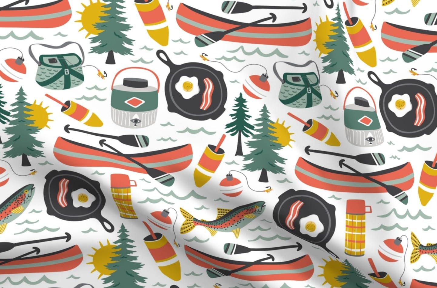 Spoonflower Fabric - Camping Life Summer Lake Fishing Canoe House Retro Camp Outdoors Printed on Petal Cotton Fabric Fat Quarter - Sewing Quilting Apparel Crafts Decor