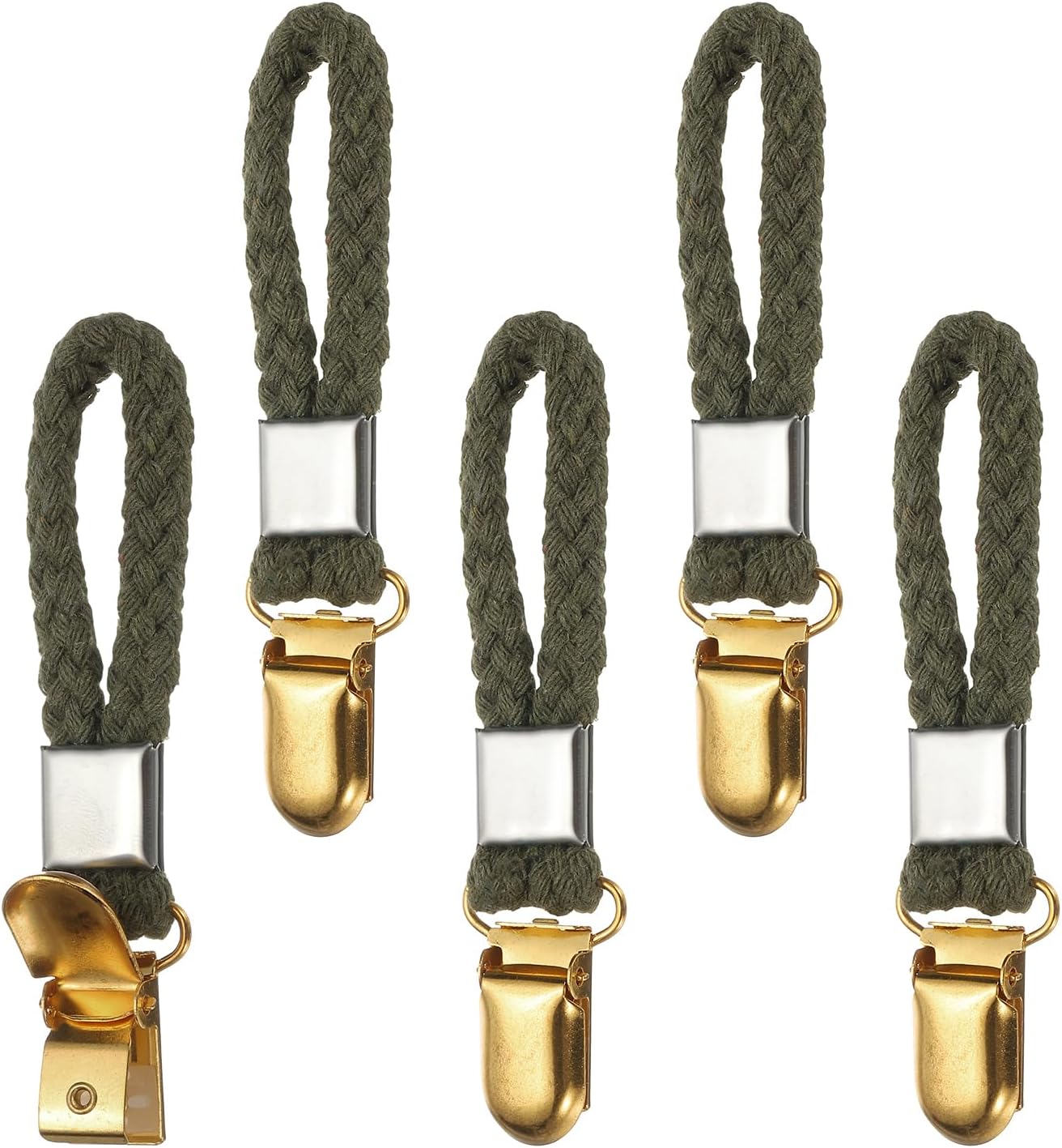 PATIKIL 5 Pcs Hanging Tea Towel Clips, 0.9" Width Braided Cotton Loop Towel Clip with Gold Metal Clamp for Kitchen Bathroom RVs Camping Hanging Organize Tool, Green