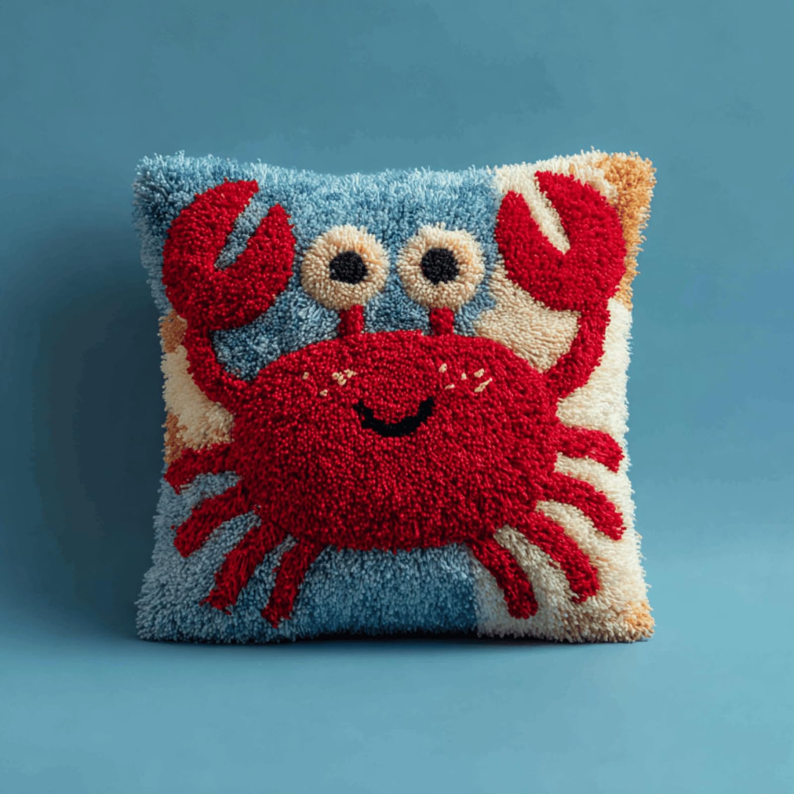 Taxpy Latch Hook Cushion Kit for Adults,Cartoon Crab,17x17in DIY Pillow Cover Craft Kit with Pre-Printed Canvas,Yarn & Hook Tool,Beginner Friendly Needlework Craft for Home Decor & Gifts