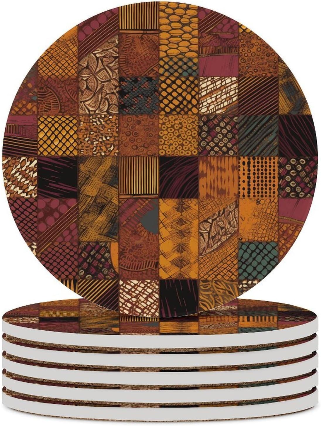 6PCS African Style Patchwork Coasters Non-Slip Round Drink Coasters with Ceramic Stone and Cork Base, Heat Resistant Absorbent 33.00Stone Coaster Set for Kinds of Mugs and Cups, 4 Inch
