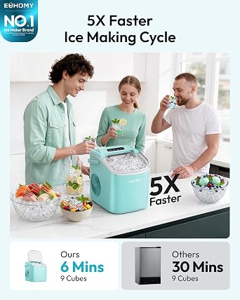 EUHOMY Countertop Ice Maker Machine with Handle, 26lbs Per Day, 9 Ice Cubes Ready in 6 Mins, Auto-Cleaning Portable Ice Maker with Basket and Scoop, for Home/Kitchen/Camping/RV (Green)