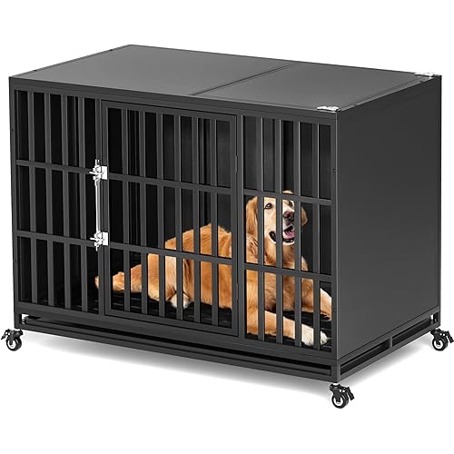48 inch Heavy Duty Dog Crate with Self-Locking Latch, Indestructible Large Steel Kennel with Enclosed Design, Escape-Proof and Chew-Proof Pet Cage for High Anxiety Dogs