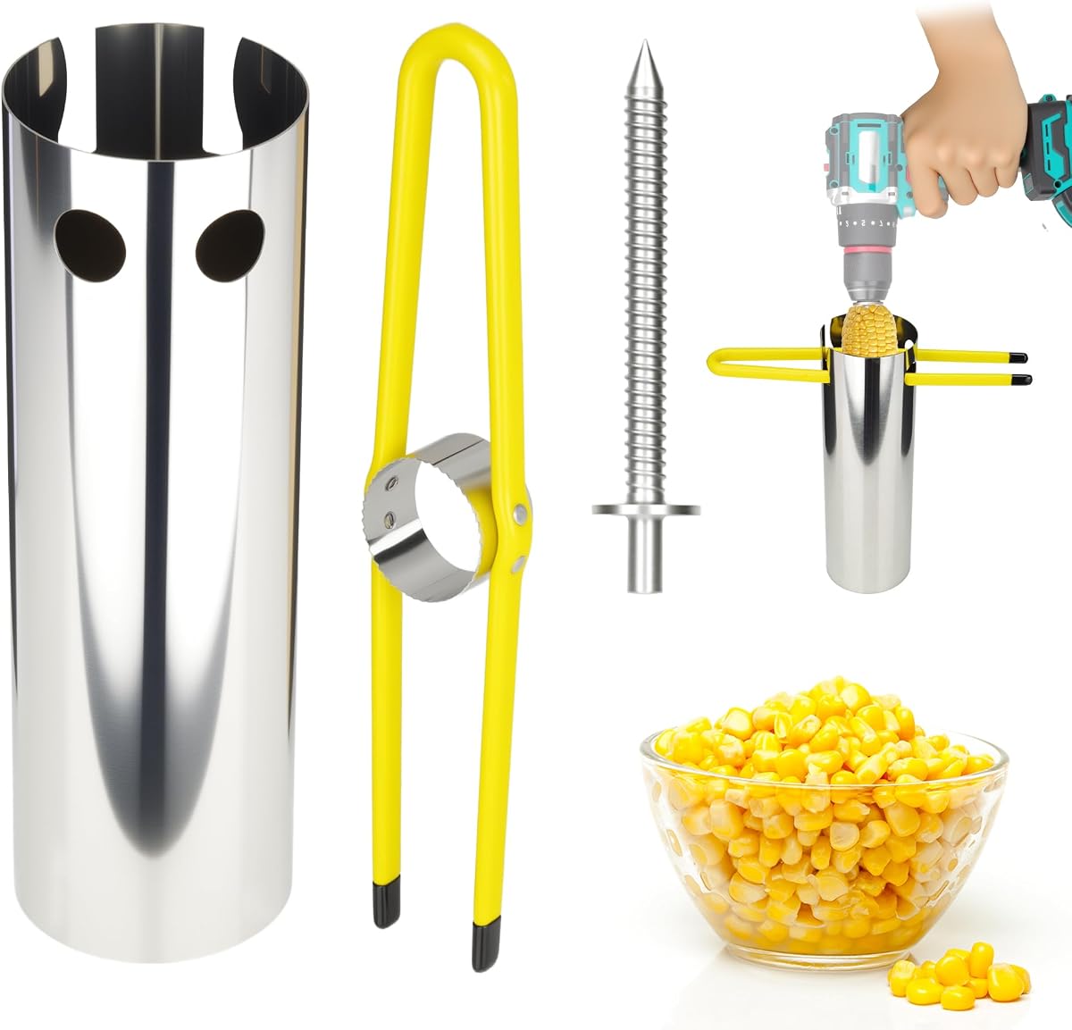 Pelador de maíz para mazorca de maíz, herramienta eléctrica para quitar granos de maíz con broca, descorazonador ajustable, recolector de acero inoxidable para evitar salpicaduras, cortador de maíz para una eliminación eficiente de los granos sin ensuciar
